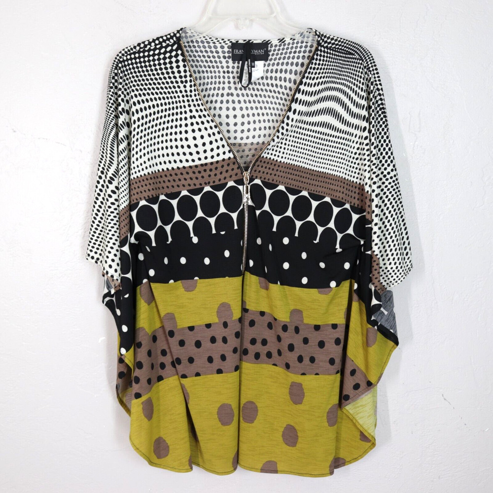 Vtg Frank Lyman Tunic Top M Dolman Sleeve Black Chartreusse Geometric Zipper